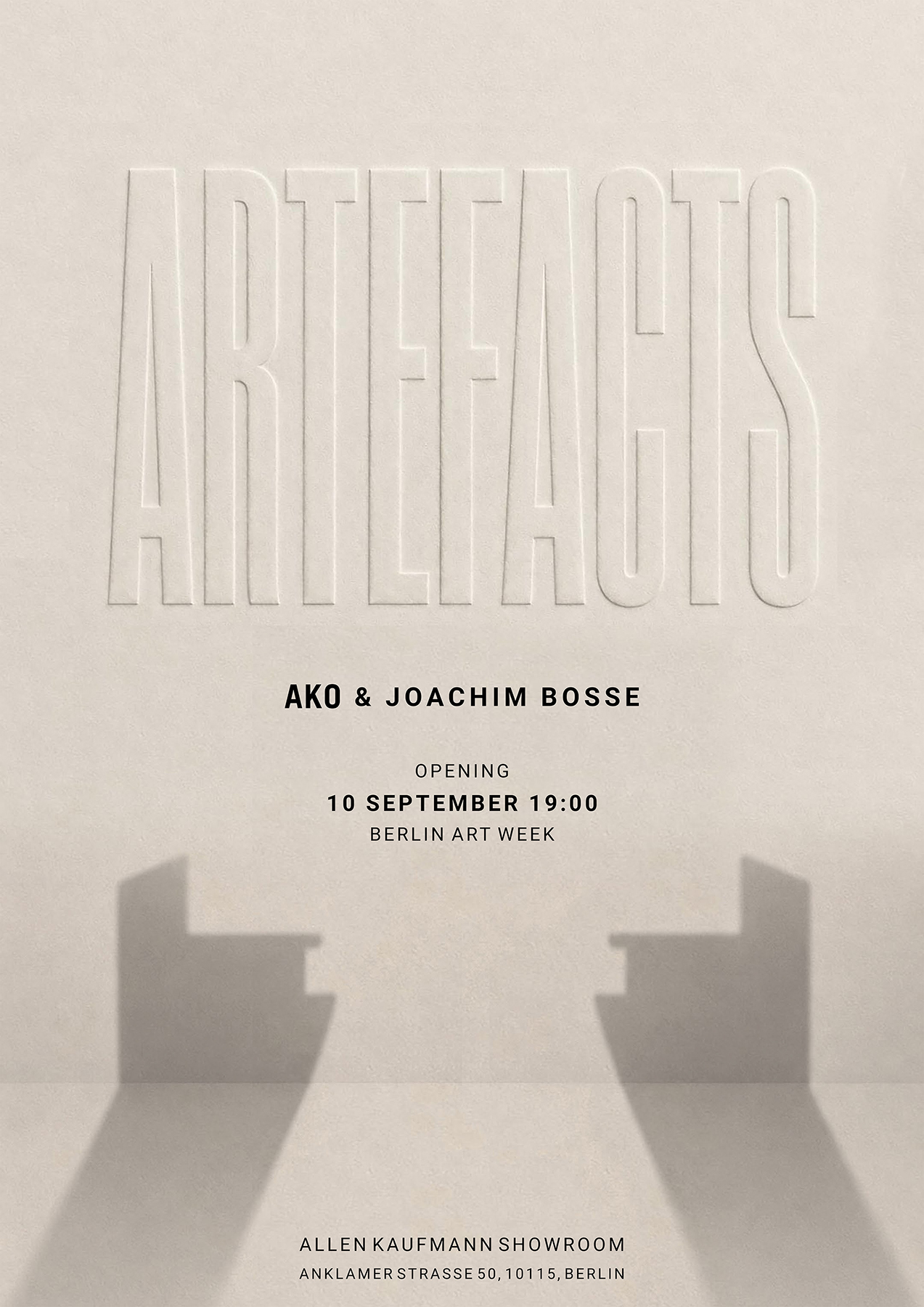 ARTEFACTS exhibition poster for AKO and Joachim Bosse, opening 10 September 2026 at 19:00 during Berlin Art Week